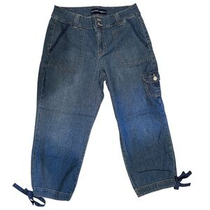 3/$20 Bandalino Crop Capri Utility Jeans Tied Leg Embroidered Pockets Stretch